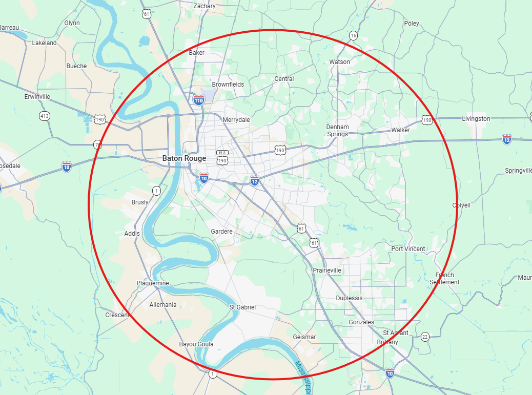 Map showing Bayou Storage Tote Rentals 20-mile service area around Baton Rouge, Louisiana