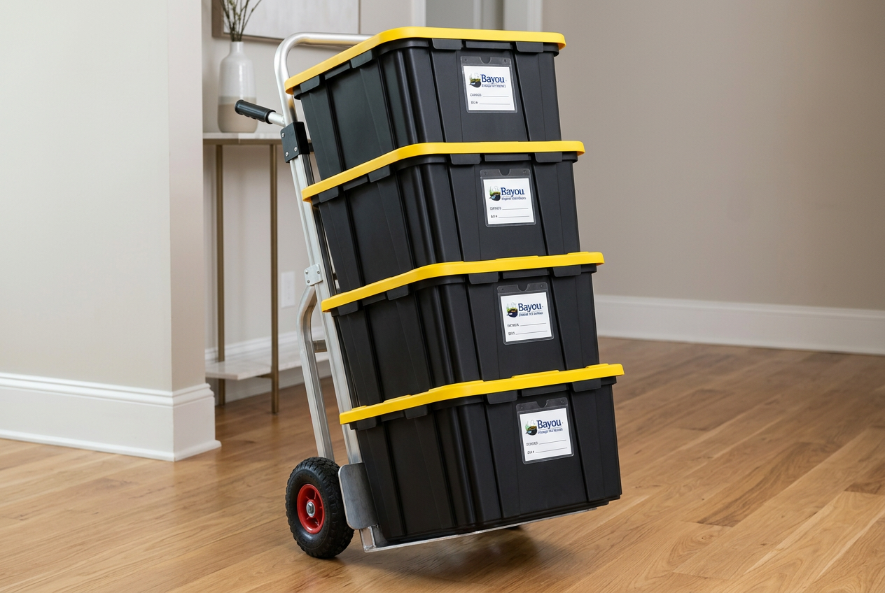 Bayou totes stacked on a moving dolly