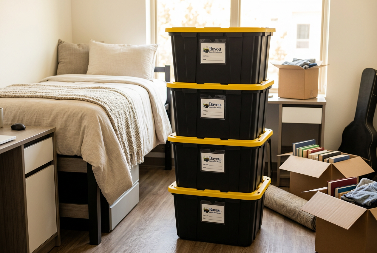 Bayou totes in a college dorm room
