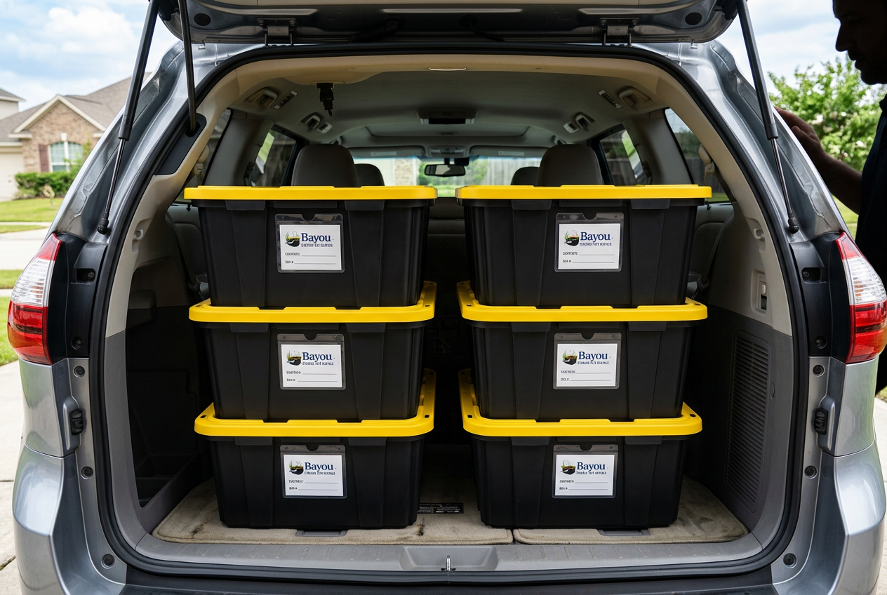 Bayou totes loaded in a minivan